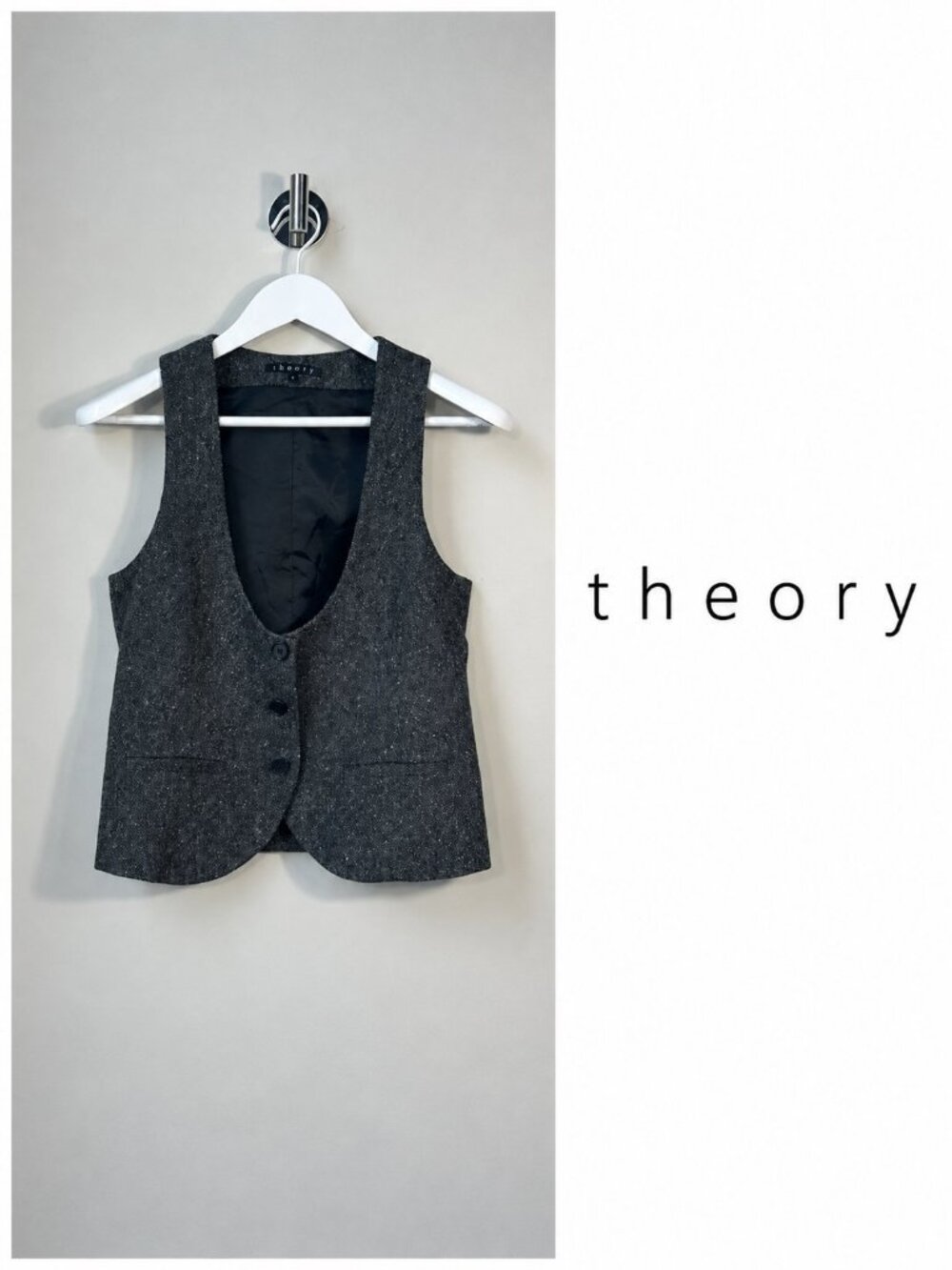 THEORY Women's Wool Blend Tweed Vest Size 4 Grey Black Button Front
